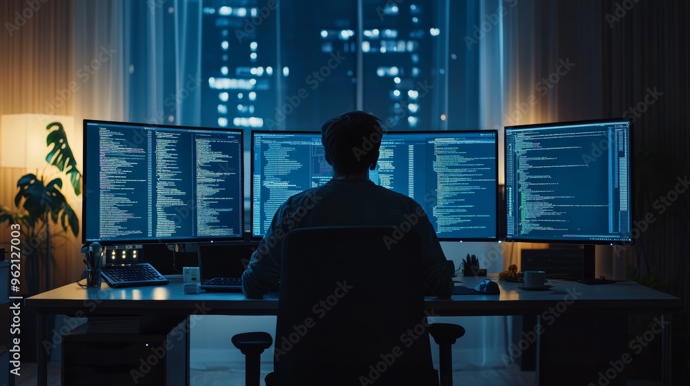 Aufkleber Programmer sits in front of multiple monitors coding in a dark office with city view. Intense software development and IT environment.
