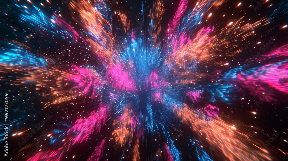 Poster captivating abstract image of a colorful burst featuring dynamic neon lights in blue and pink, creat