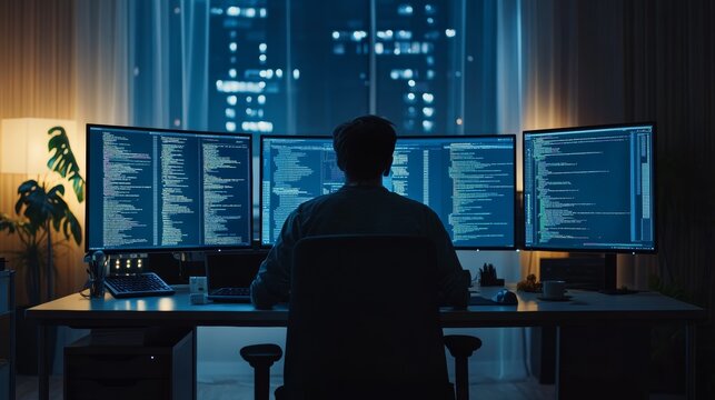 Programmer sits in front of multiple monitors coding in a dark office with city view. Intense software development and IT environment.