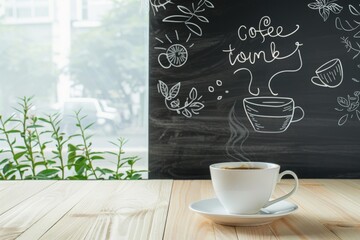 A Cup of Coffee on a Wooden Table with a Chalkboard Background