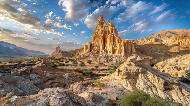 A tall rock formation with a dramatic sky in a desert landscape.
