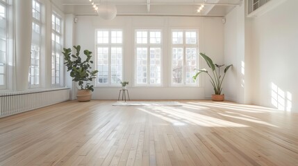 A spacious, minimalist room with wooden floorboards, white walls and large windows, lit by a single paper lantern. The room is bathed in natural light and is empty, giving it a clean and modern feel.