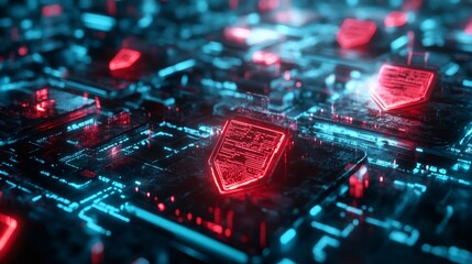 Fototapeta premium Abstract futuristic background with glowing red and blue neon lights on a dark surface.