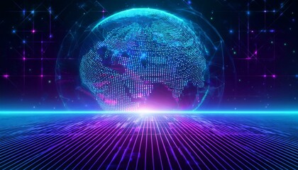 Futuristic neon cyber space background with global world design - metaverse digital world concept, future energy and technology connectivity - seo friendly image title
