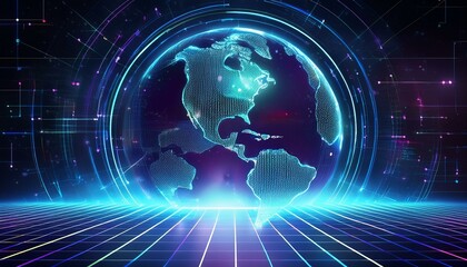 Futuristic neon cyber space background with global world design - metaverse digital world concept, future energy and technology connectivity - seo friendly image title