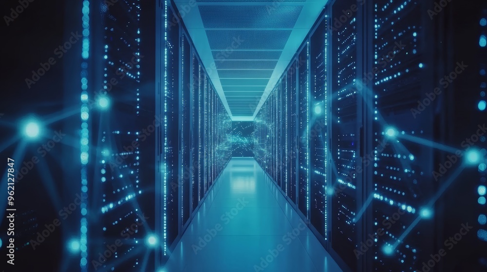 Poster dimly lit server room with glowing blue lights, data connections forming a network across the server