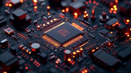 Fototapeta premium Close-up of a microchip and computer processor on a black printed circuit board, showing the internal components of an electronic device or supercomputer. 