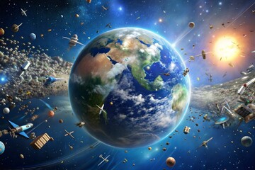 Planet earth in space with surrounding satellites asteroids and bright sun
