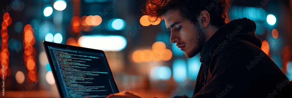 Leinwandbilder Programmer coding at night with bokeh city lights. Software development in an urban environment.