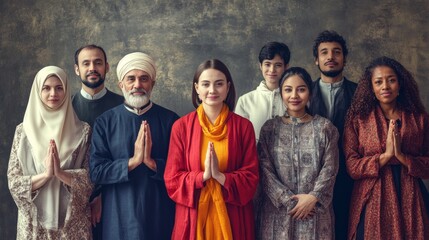A diverse group of people representing different religions, standing together in a show of unity and respect.
