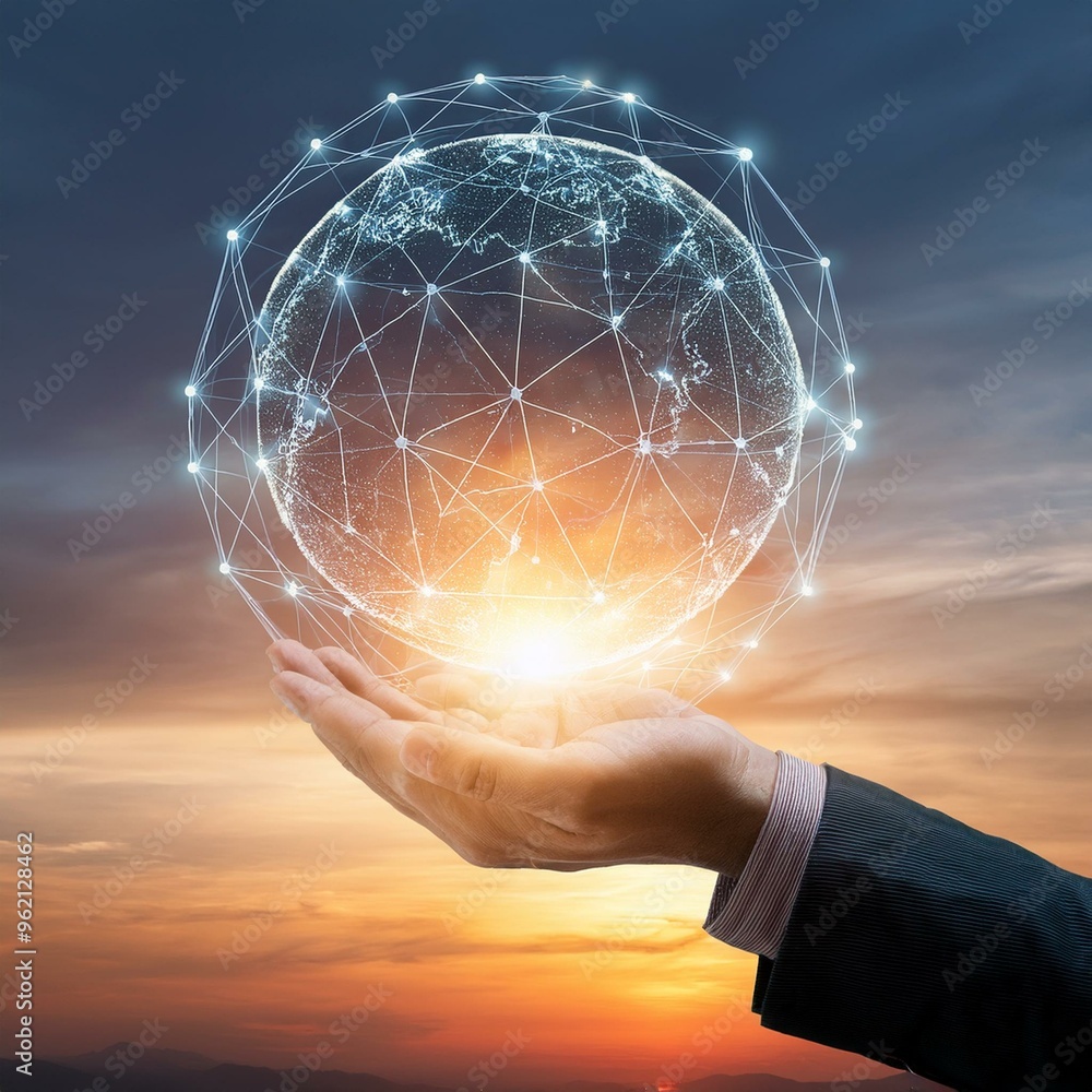 Wall mural hand of businessman connecting with global network circle against sunset sky - business networking, 