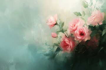 Oil Painting of Pink Roses and Green Leaves on a Light Green Background