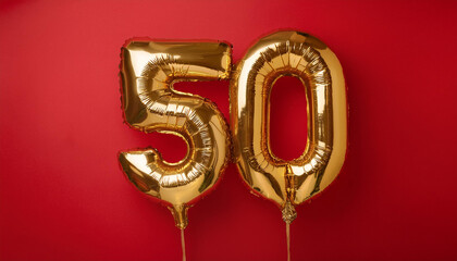 Balloon in shape of number 50 against vivid red backdrop. Happy Birthday. Holiday celebration