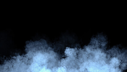 Abstract blue misty fog on isolated black background. Smoke stage studio. Texture overlays. The concept of aromatherapy.