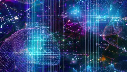 Vibrant digital seamless mathematical formulas abstract futuristic background with math & physics symbols, mesh network grid - 3d illustration in 4k science concept