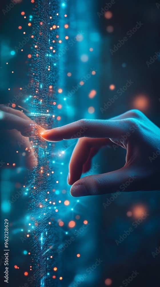 Poster Hand reaching out to a digital hologram with glowing particles. Concept of human interaction with futuristic technology and virtual interfaces.