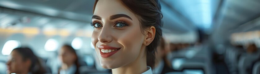 Obraz premium Realistic view of flight attendants during a quiet moment in the airplane galley high-definition clarity