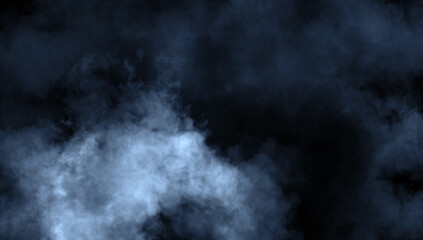 Abstract blue misty fog on isolated black background. Smoke stage studio. Texture overlays. The concept of aromatherapy.