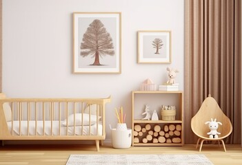 Mockup Of wall frame in a childrens room, showcasing a nursery interior with a blend of boho, Scandinavian, and eco styles