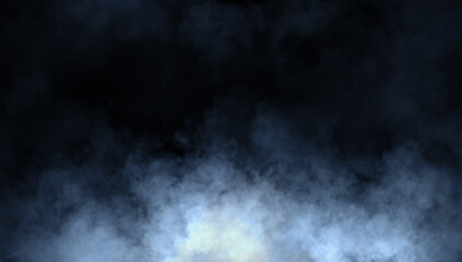 Abstract blue misty fog on isolated black background. Smoke stage studio. Texture overlays. The concept of aromatherapy.