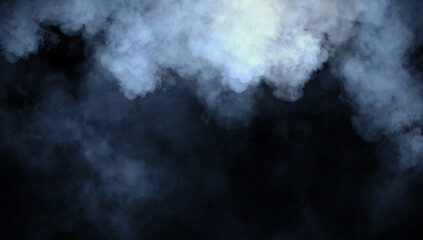 Abstract blue misty fog on isolated black background. Smoke stage studio. Texture overlays. The concept of aromatherapy.