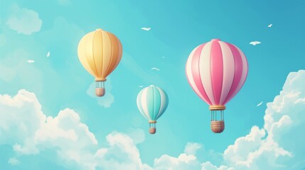 Fototapeta premium Three pastel-colored hot air balloons float peacefully in a clear blue sky with fluffy white clouds. The scene exudes tranquility and adventure, perfect for themes of travel, exploration, or dreamlike