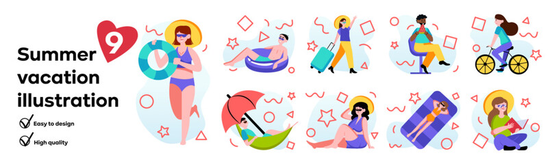 Set of summer vacation concept with people scene in the flat cartoon style. Colorful illustration of summer vacation with various characters enjoying various activities. Vector illustration.