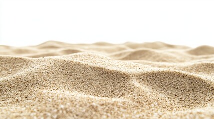 Fine and soft pale brown beach sand, isolated on white with a front perspective. Shot at a slight angle to showcase the natural texture and variations in the sand particles. 