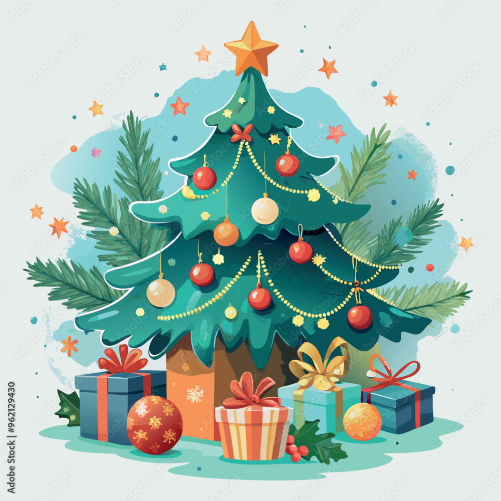 Poster a christmas tree with many ornaments and a star on top. there are also presents and a box in the bac