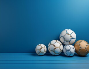 Fototapeta premium Realistic 3d render of classic soccer balls on a minimalistic blue background with ample copy space - perfect for sports-themed designs, promotional banners, and soccer-related concepts