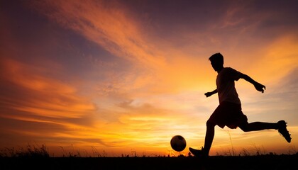 Silhouette of a soccer player kicking a football against a vibrant sunset sky, capturing the passion and energy of the game in a dramatic outdoor setting, perfect for sports themes, inspirational post