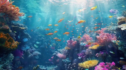 Obraz premium vibrant coral reef teeming with diverse marine life schools of colorful fish swirl around intricate coral formations with rays of sunlight piercing through crystalclear water