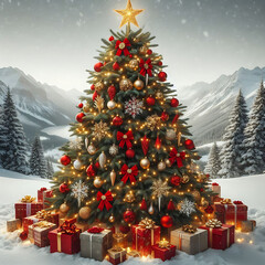 A beautiful Christmas tree with different bright lights, surrounded by presents and gifts.