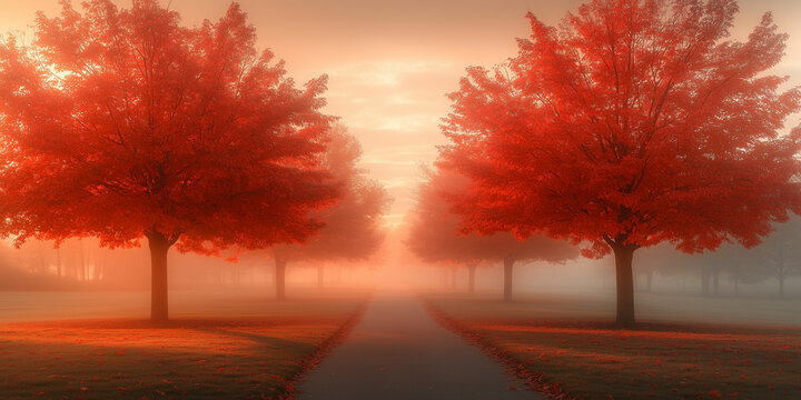 Foggy autumn pathway lined with vibrant red trees at sunrise

