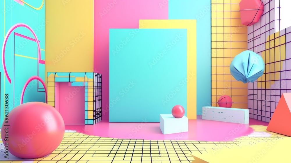 Poster a colorful abstract room filled with 3d geometric shapes and vibrant patterns. the bold use of color
