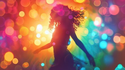 vibrant disco scene with a young woman dancing under colorful strobe lights her silhouette is captured midmovement surrounded by swirling particles and lens flares in neon hues