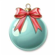 Elegant Teal Christmas Ornament with Red Bow Isolated on White Background