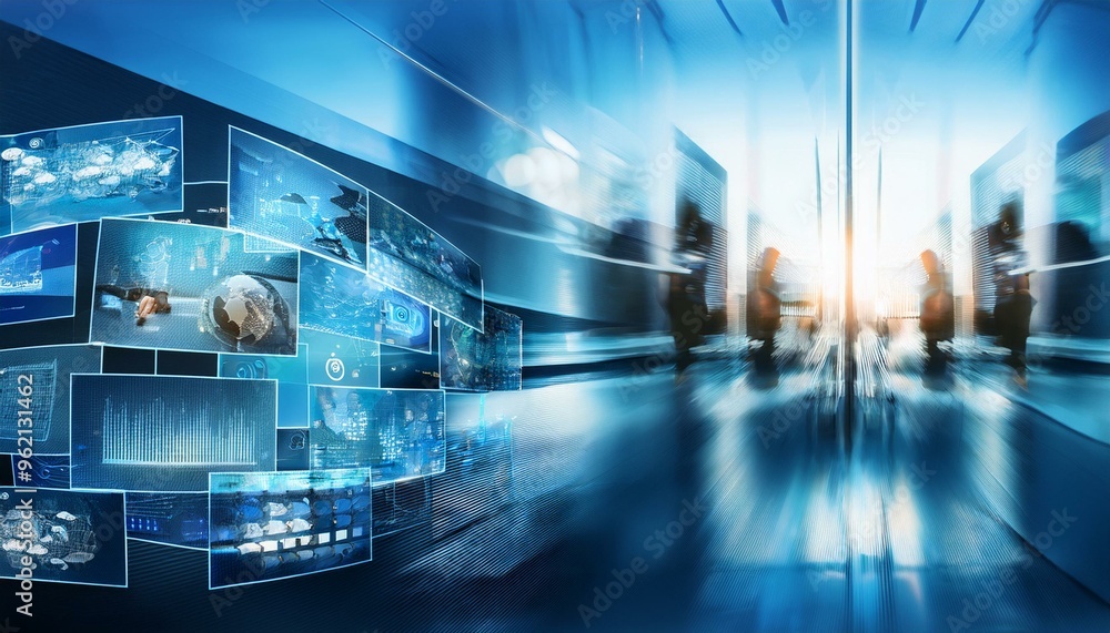 Wall mural collage of various blurry abstract images featuring business technology themes, ideal for presentati