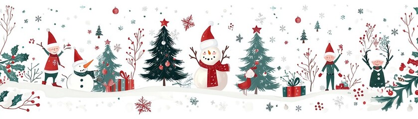 Festive holiday scene featuring whimsical Christmas trees, snowman and characters in winter attire with gifts and decorations.