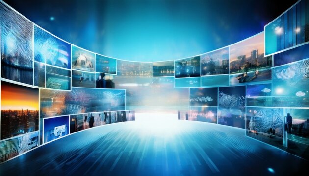 Collage of various blurry abstract images featuring business technology themes, ideal for presentation slides or backgrounds with ample copy space for headlines and corporate content