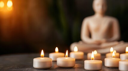 Serene ambiance with glowing candles and a tranquil Buddha statue, perfect for relaxation and meditation themes.