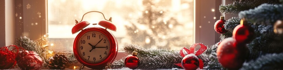 alarm clock in a festive Christmas backdrop, surrounded by cozy holiday decor.