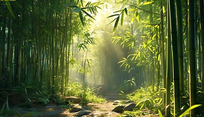 A green bamboo forest, the sun shines on the ground through the dense bamboo leaves, creating a tranquil atmosphere, as if you are in a natural paradise.