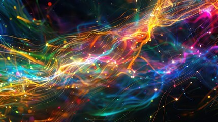 Fototapeta premium vibrant fiber optic cables intertwining in a cosmic dance emitting ethereal light in rainbow hues