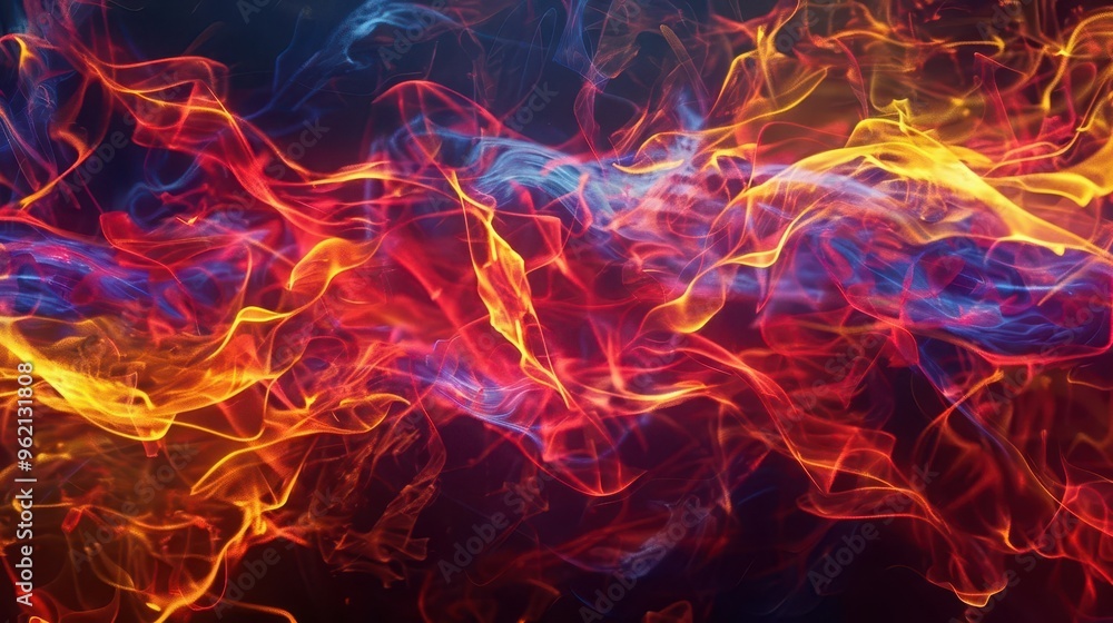 Poster vibrant flames dance in intricate patterns their warm hues casting a mesmerizing glow against a pitc