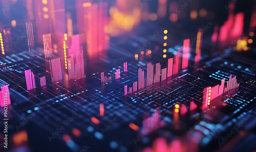 Poster abstract digital cityscape with glowing neon bars and grid pattern