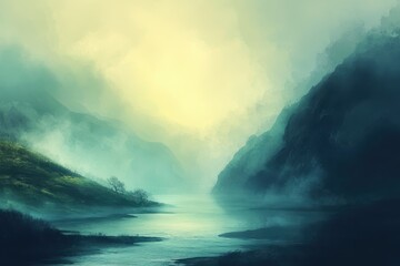 Naklejka premium Misty Mountain Valley With a River Flowing Through It