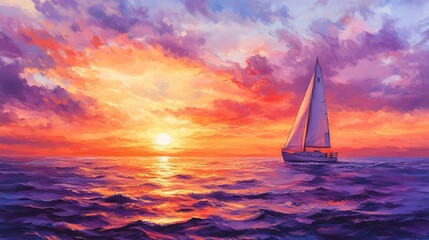 Fototapeta premium A vibrant sunset scene with a sailboat on calm waters, showcasing beautiful hues of orange, pink, and purple in the sky.