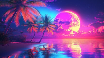 Naklejka premium Vibrant tropical landscape with palm trees, colorful sunset, and serene ocean reflecting vivid hues of pink and blue.