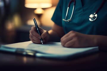 A nurse or doctor in scrubs writes notes in a medical record.